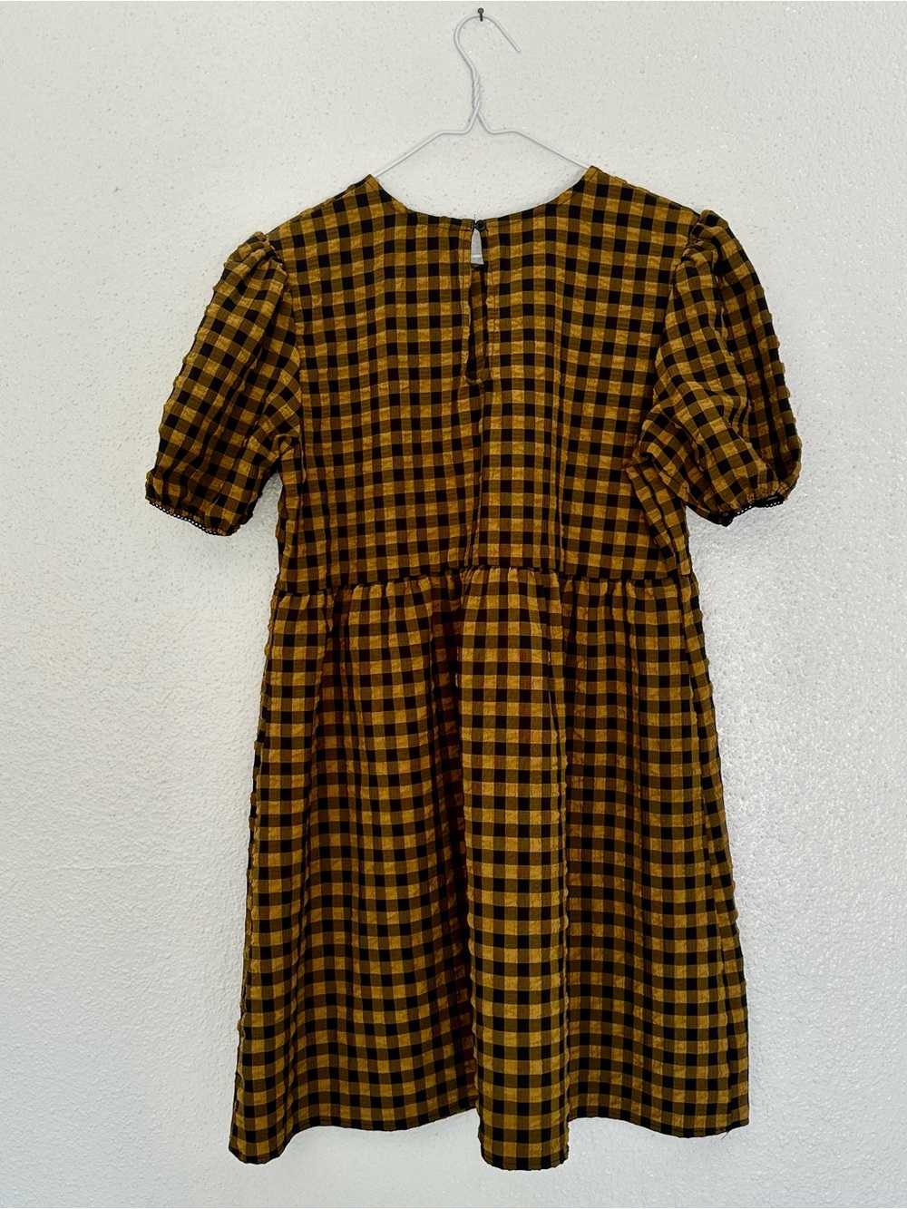 Grunge Punk Mustard and Black Gingham Puckered Puff-Sleeve Dress - Picture 6 of 6